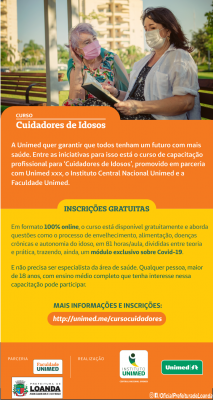 Unimed abre inscrições para curso online e gratuito de cuidador de idosos.